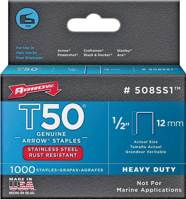 Arrow Fastener 508SS1 Heavy Duty T50 1/2-Inch Stainless Steel Staples for Upholstery, Construction, Furniture, Crafts, 1000-Pack
