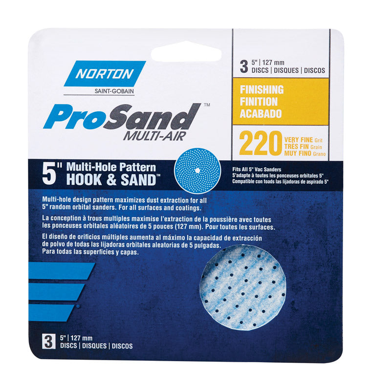Norton 3X High Performance Hook and Sand Paper Discs with 5 and 8 Universal Vac Hole, Ceramic Alumina, 5" Diameter, Grit P220 Very Fine (Pack of 3)
