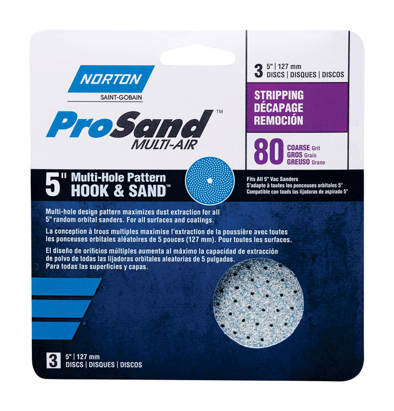 Norton ProSand Multi-AIR 5" Multi-Hole Pattern Hook & Sand Disc, 80 grit, 3 Pack3
