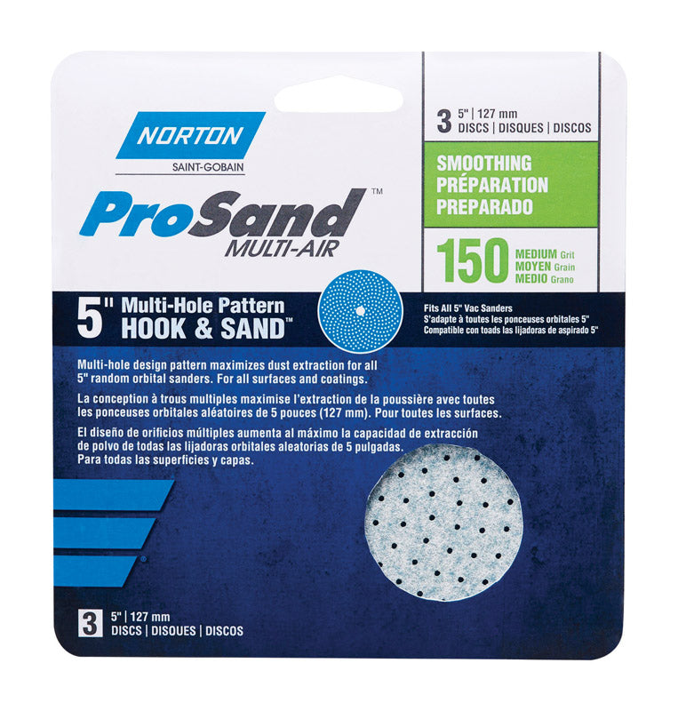 Norton ProSand Multi-AIR 5" Multi-Hole Pattern Hook & Sand Disc, 150 grit, 3 Pack