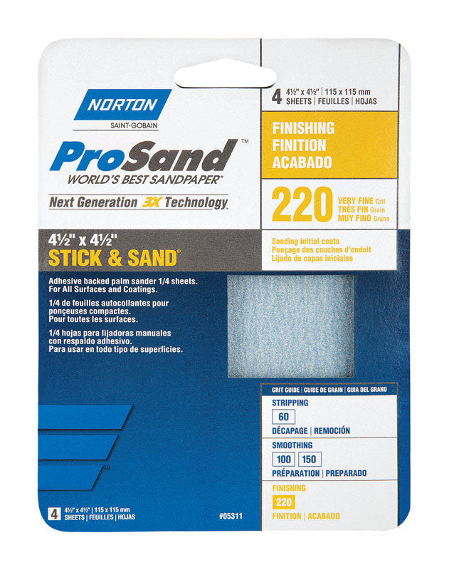 Norton 05310 3X Stick and Sandpaper 220 Grit, 4-1/2-Inch x 4-1/2-Inch, 4-Pack