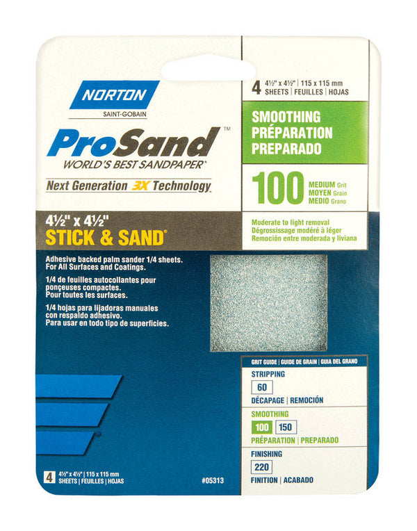 Norton ProSand 4-1/2 in. L x 4-1/2 in. W 100 Grit Aluminum Oxide Sanding Sheet 4 pk 07660768184