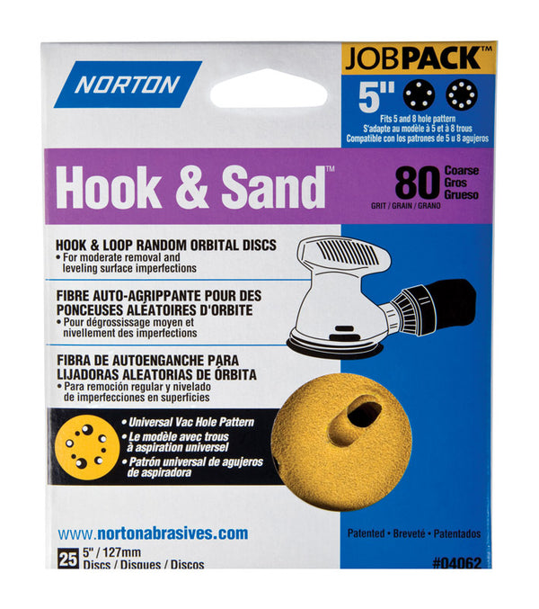 Norton Hook & Sand Hoop and Loop Disc, Paper Backing, Hook and Loop, Aluminum Oxide, 5 Hole Count, 5 inches Diameter, P80 Grit Size, 25 Pack 07660704062