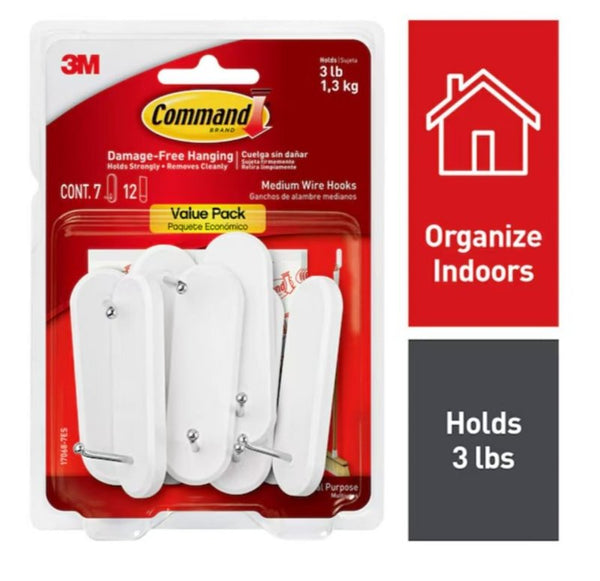 Command Medium Wire Hooks, Damage Free Hanging Wall Hooks with Adhesive Strips, No Tools Wall Hooks for Hanging Decorations in Living Spaces, 7 White Hooks and 12 Command Strips 17068-7ES