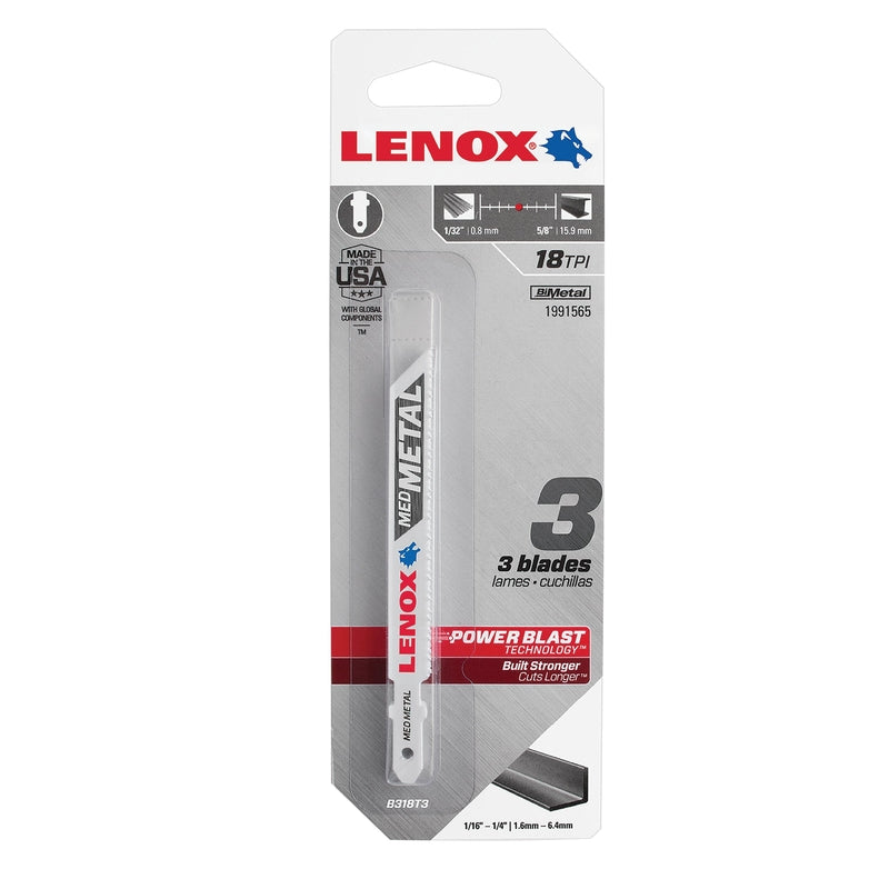 Lenox T-Shank Medium Metal Cutting Jig Saw Blade, 3-5/8In X 3/8In, 18 Tpi, 3Pk