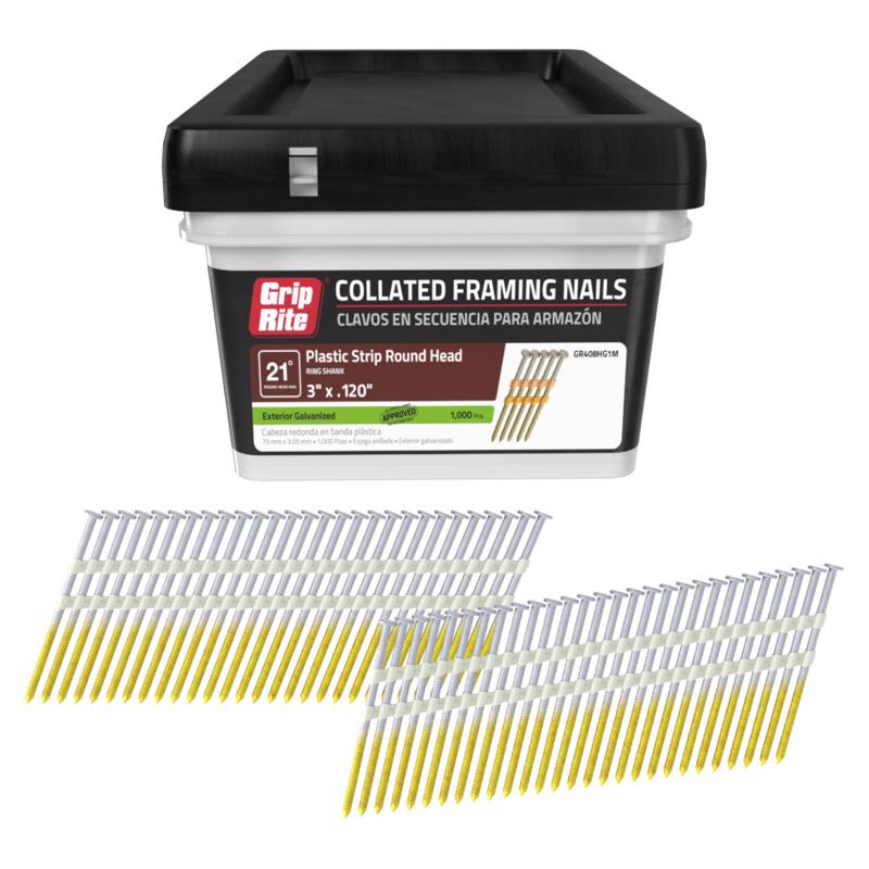 Grip-Rite GR408HG1M 3" x .120", 21-Degree Plastic Strip Round Head Framing Nails, Ring Shank, Galvanized, 1M Plastic Tub (1000 Count)