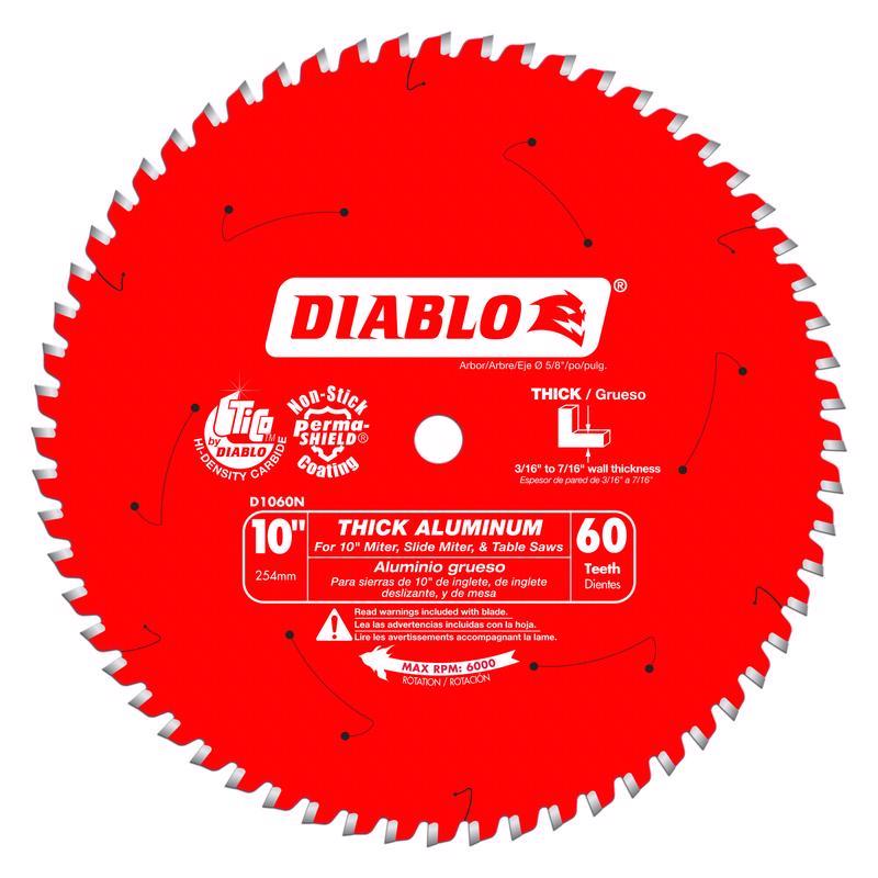 Diablo Saw Blade for Thick Aluminum - 10" Diameter, 60 TCG Teeth, 5/8" Arbor, .11" Kerf, -5° Hook Angle, .087" Plate, 6000 Max RPM - D1060N