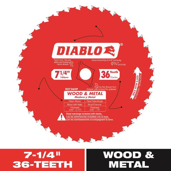 Diablo Carbide Saw Blade for Wood and Metal - 7-1/4" Diameter, 36 C-ATB Teeth, 5/8" Arbor, .067" Kerf, 5° Hook Angle, .051" Plate, 8000 Max RPM - D0736GPA