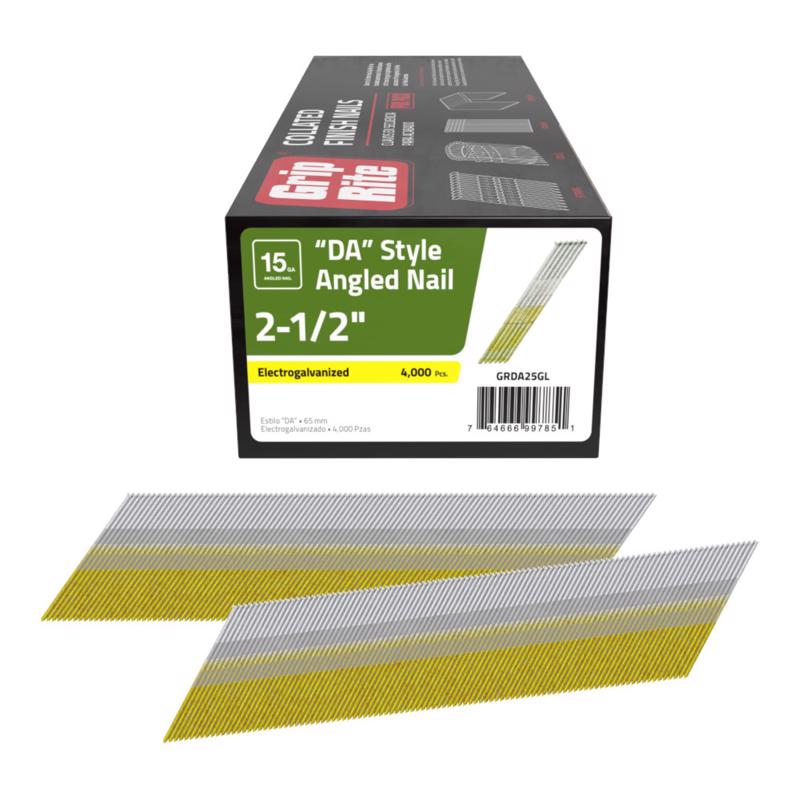 Grip Rite Prime Guard GRDA25GL 15 Gauge Galvanized DA-Style Angled Finish Nails 2-1/2" (4, 000per Pack), Steel, Flat, Others