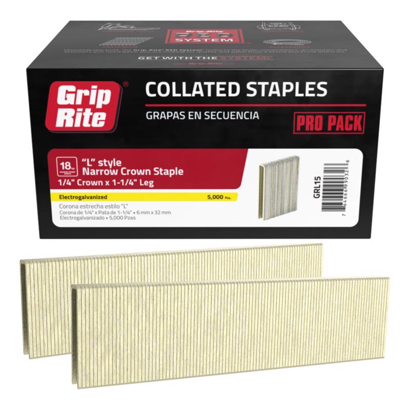 Grip Rite Prime Guard GRL15 18-Gauge Galv L-Style Narrow Crown Staples 1-1/4-inch by 1/4-inch (5,000-Pack), Steel
