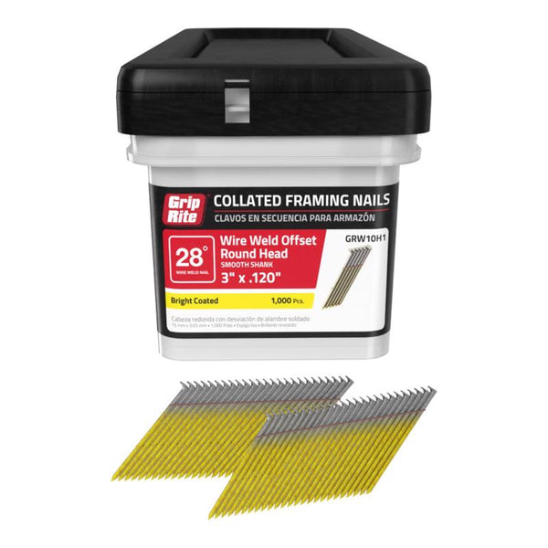 Grip-Rite GRW10H1, Collated 28-degree RH Wire Fasteners, 3" x .120 Coated Smooth, 1,000 Nails, Job Pack
