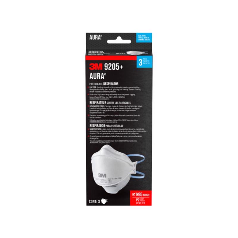 3M Aura Particulate Respirator 9205+ N95, Lightweight, Three Panel Designed Respirator Helps Provide Comfortable And Convenient Respiratory Protection, 3-Pack 9205P-3-DC