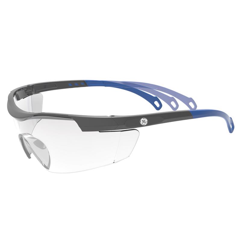 GE Safety Glasses, ANSI Z87.1, 01 Series, Anti-scratch Lens, 99.9% UV Protection, EN 166, 12 Pack (Blue, Clear)