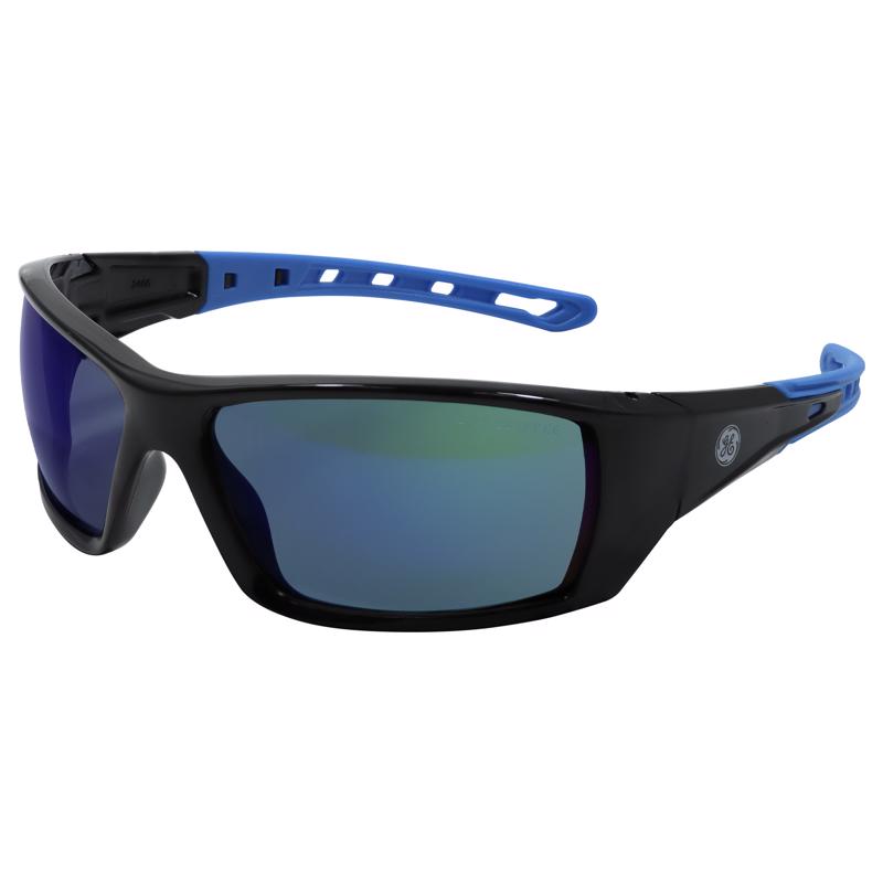 GE Safety Glasses, ANSI Z87.1, 04 Series, Anti-scratch Lens, 99.9% UV Protection, EN 166, 12 Pack (Black/Blue, Blue Mirror Anti-fog)