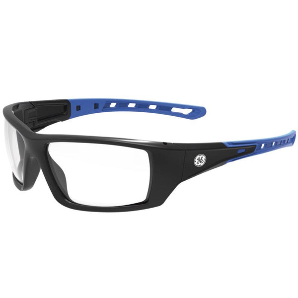 GE Safety Glasses, ANSI Z87.1, 04 Series, Anti-scratch Lens, 99.9% UV Protection, EN 166, 12 Pack (Black/Blue, Clear) GE104C