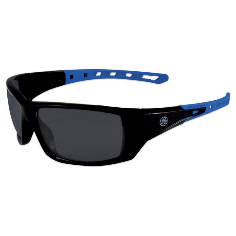 GE Safety Glasses, ANSI Z87.1, 04 Series, Anti-scratch Lens, 99.9% UV Protection, EN 166, 12 Pack (Black/Blue, Smoke Anti-fog) GE104SAF