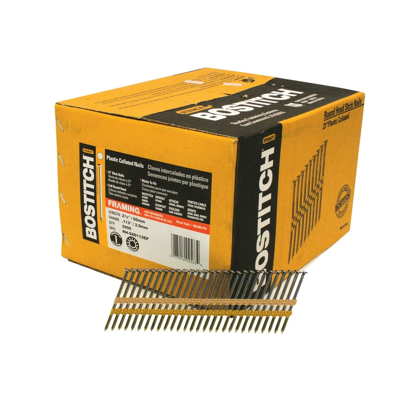 BOSTITCH Framing Nails, Round Head, 2-3/8-Inch x .113-Inch by 21 Degree Plastic Collated, 5,000-Pack (RH-S8D113EP)
