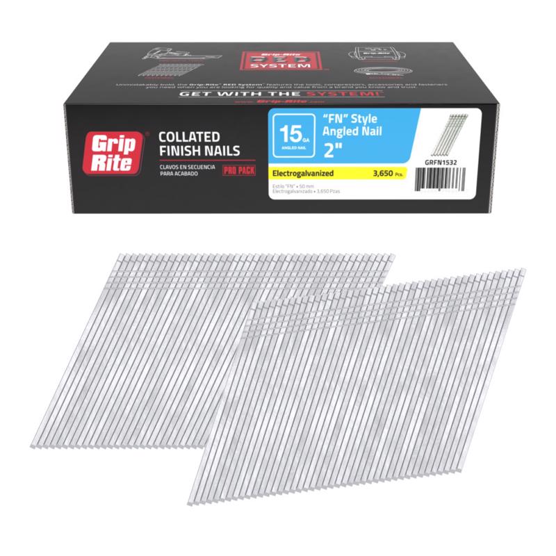 Grip Rite Prime Guard GRFN1532 15 Gauge Galvanized Fn-Style Angled Finish Nails 2" (3, 650per Pack), Steel, Flat, Others