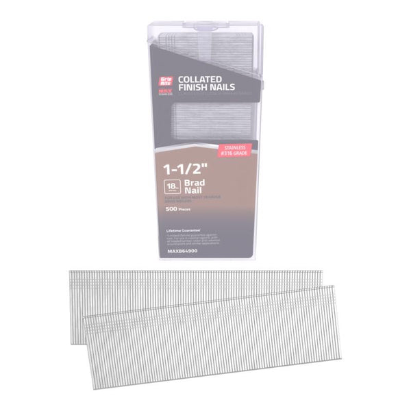 Grip Rite Prime Guard MAXB64900 1-1/2-inch 316 Stainless Steel 18-gauge Brad Nail, 500 per Belt Clip