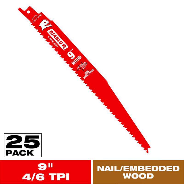 Diablo Bi-Metal Reciprocating Saw Blade for Nail-Embedded Wood - Variable Tooth - 9" Length, 4/6 TPI, 25-Pack - DS0912BW25