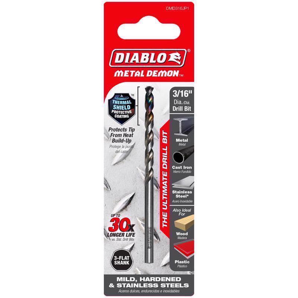 Diablo Metal Demon Drill Bits for Mild, Hardened and Stainless Steels - 3/16-Inch Diameter, 3-Flats Shank, 3.4-Inch Length - DMD316JP1