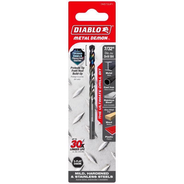 Diablo Metal Demon Drill Bits for Mild, Hardened and Stainless Steels - 7/32-Inch Diameter, 3-Flats Shank, 3.7-Inch Length - DMD732JP1 (2-Pack)