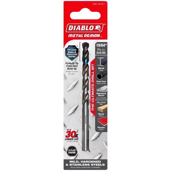 Diablo Metal Demon Drill Bits for Mild, Hardened and Stainless Steels - 19/64-Inch Diameter, 3-Flats Shank, 4.6-Inch Length - DMD1964JP1
