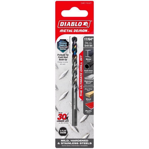 Diablo Metal Demon Drill Bit with Thermal Shield Protective Coating for Mild, Hardened and Stainless Steel - 4.3" Length, 17/64" Dia., 3-Flats Shank - DMD1764JP1