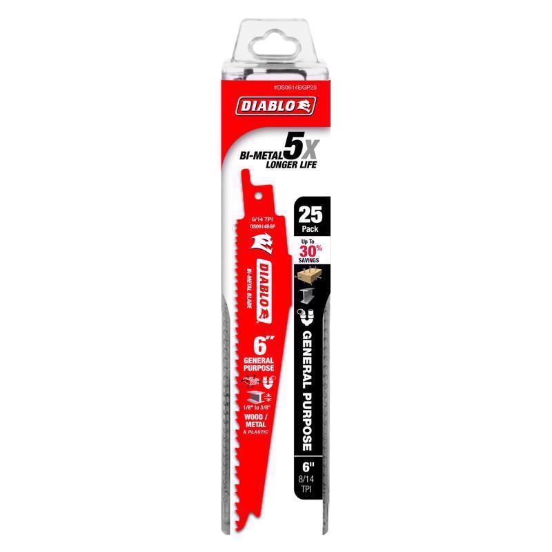 Diablo Bi-Metal Reciprocating Saw Blade with Ultra Hardened Cutting Edge for Nail-Embedded Wood, Metal and Plastic - 6" Length, Variable Tooth Design, 8/14 TPI, 25-Pack - DS0614BGP25