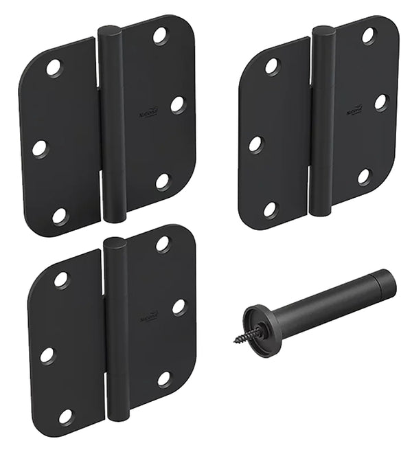 National Hardware N900-007 Rounded Door Hinges and Door Stop, 3 Pack Squeak Guard Hinges with Door Stopper Wall Protector, Matte Black