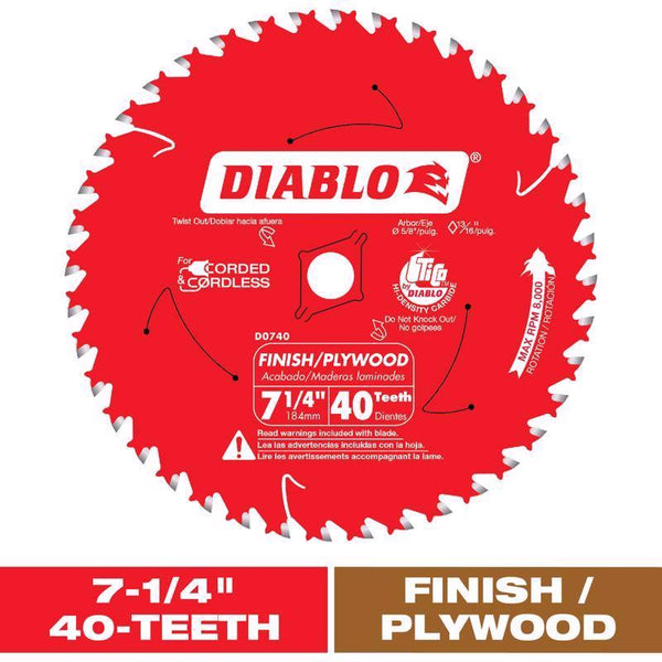 Diablo 7-1/4-Inch x 40 Tooth Finish Saw Blade - Ideal for Wood, Plywood & Melamine Cutting - Tico Hi-Density Carbide, Non-Stick Perma-Shield Coating - D0740X D0740A