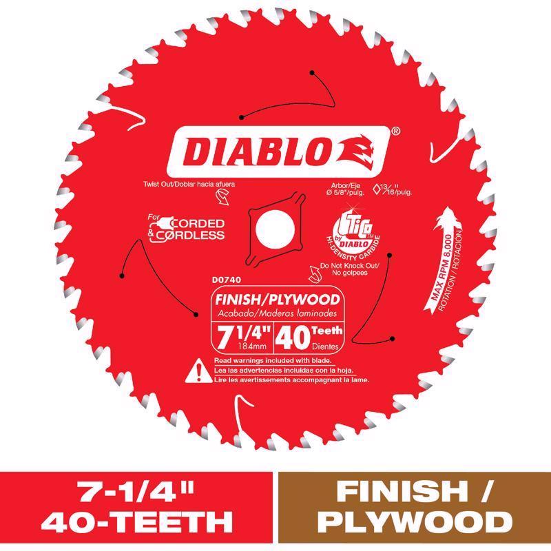 Diablo 7-1/4-Inch x 40 Tooth Finish Saw Blade - Ideal for Wood, Plywood & Melamine Cutting - Tico Hi-Density Carbide, Non-Stick Perma-Shield Coating - D0740X
