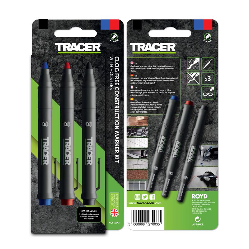 TRACER Clog-Free Construction Marker Kit with Holster for Concrete Marking and Construction applications - perfect for shiny and dusty surfaces - Black, Blue, and Red Construction Pens
