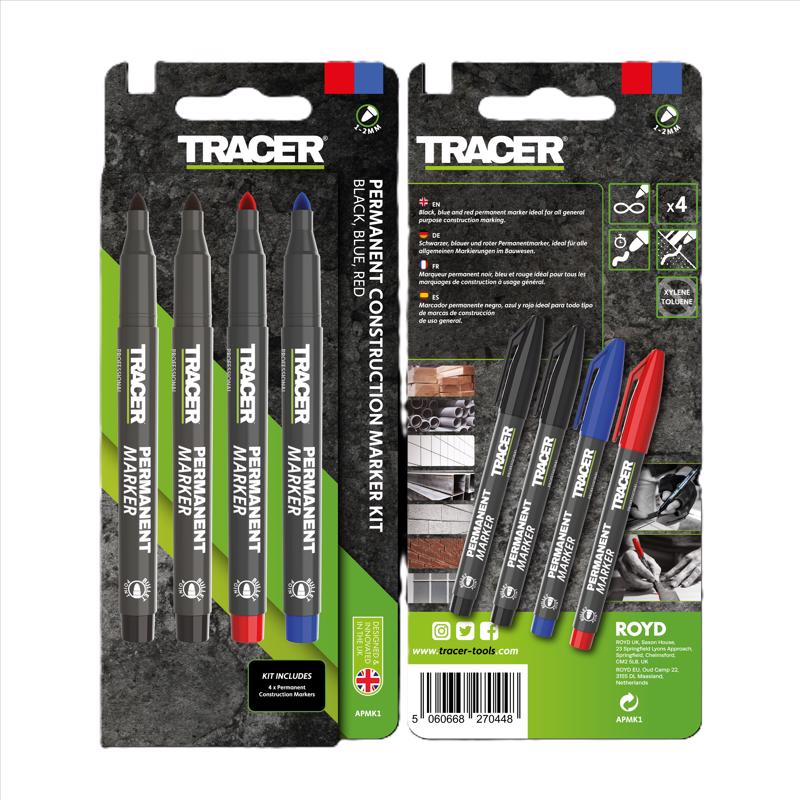 Tracer Fine-Point Permanent Construction Marker Kit (1-2mm Bullet Point General-Purpose Markers with quick-drying ink) – Red, Blue, 2x Black