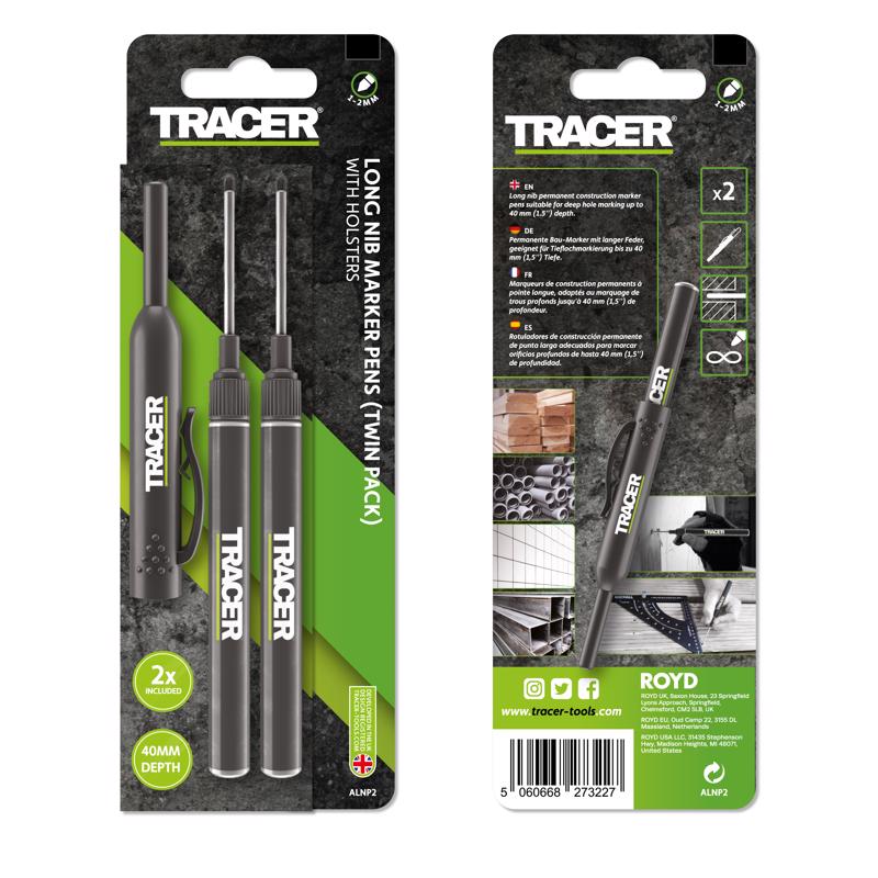 Tracer 40-50mm Long Nib Marker with Holster 2 Pack - Woodworking Tools - Deep Hole Work Pen For Wood, Plastic - Tile and Metal - Extended Nose Marking Pens Deep Nose Marker Carpenter Tools - ALNP2