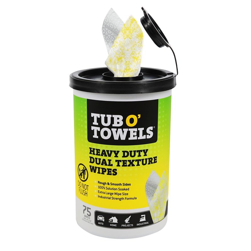 Tub O’ Towels TW75 Heavy-Duty 10" x 12" Size Multi-Surface Cleaning Wipes, Dual Texture, 75 Count Per Canister