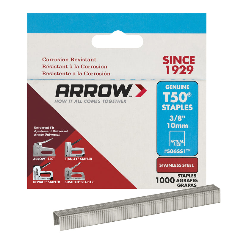 Arrow Fastener 506SS1 Heavy Duty T50 Stainless Steel Staples for Upholstery, Construction, Furniture, Crafts, 3/8-Inch Leg 3/8-Inch Crown Size,Length, 31000-Pack