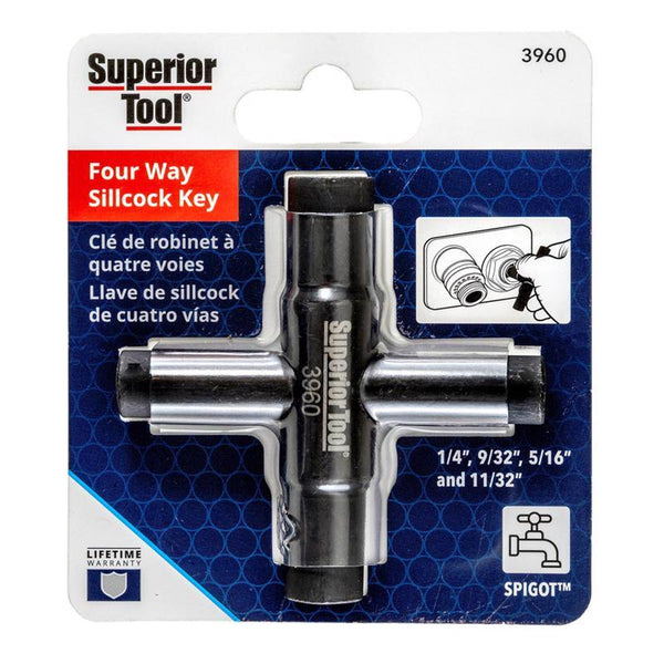 Superior Tool 03960 4-Way Key-Fits Stopcocks, Sillcocks, and Valves-Steel Construction for 1/4"-9/32" and 5/16"-11/32 Internal Square , Black