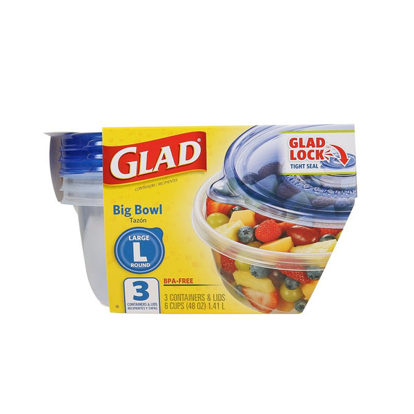 Glad GladWare Big Bowl Food Storage Containers with Lids, Large Round No BPA Plastic Containers for Soups, Salads, and Meal Prep, Lock Tight Seal, Microwave Dishwasher Safe, 48 Oz, 3 Count BBG10691