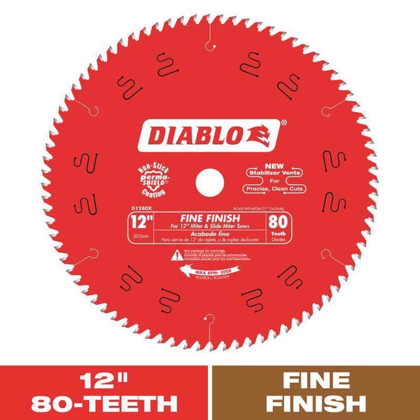 Diablo Saw Blade for Wood - 12" x 80 Teeth, Fine Finish, Hi-Density Carbide, 1" Arbor - D1280X