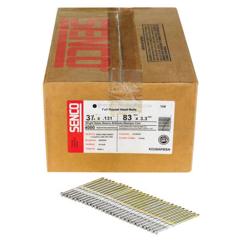 Senco KD28APBSN Collated Nail, Plastic Strip Collation, 3-1/4 in L, Steel, Bright Basic, Full Round Head