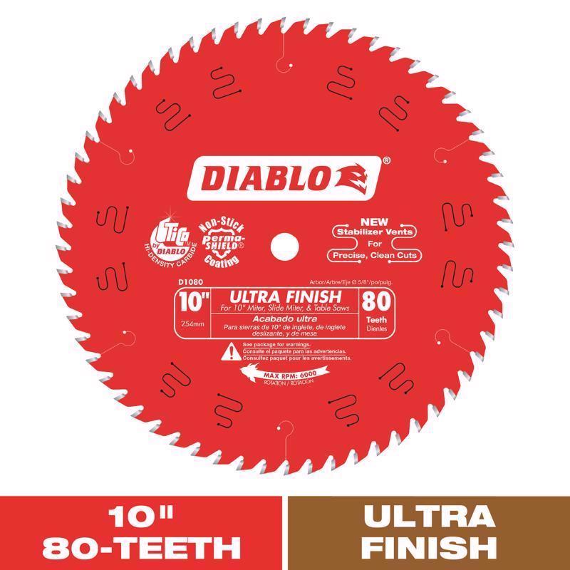 Freud D1080X Diablo 10" 80-tooth ATB Saw Blade w/5/8" Arbor&PermaShield Coating