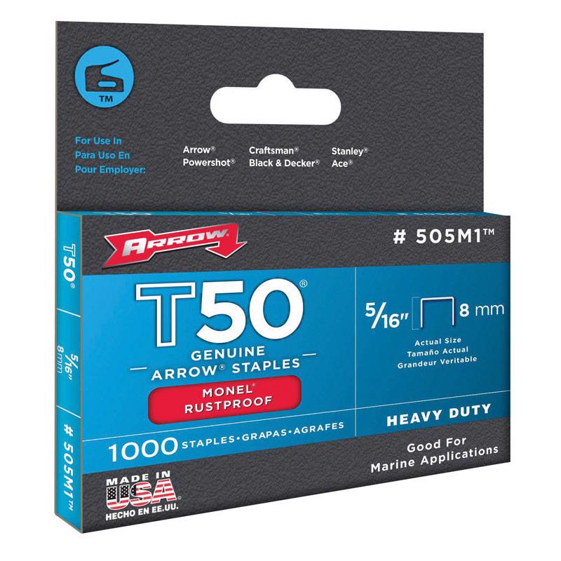 Arrow Fastener 505M1 Heavy Duty T50 Monel Staples for Marine Applications, 5/16-Inch Leg Length, 3/8-Inch Crown Size,1000-Pack, Made in the USA