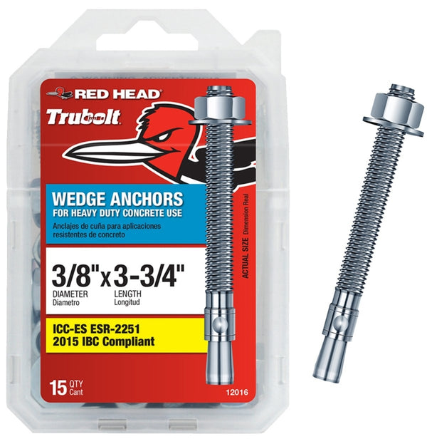 RED HEAD 12016 Concrete Wedge Anchor, 3/8 in Dia, 3-3/4 in L, Steel, Zinc