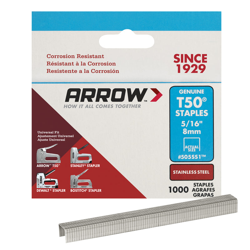 Arrow Fastener 505SS1 Heavy Duty T50 Stainless Steel Staples for Upholstery, Construction, Furniture, Crafts, 5/16-Inch Leg Length, 3/8-Inch Crown Size, 1000-Pack