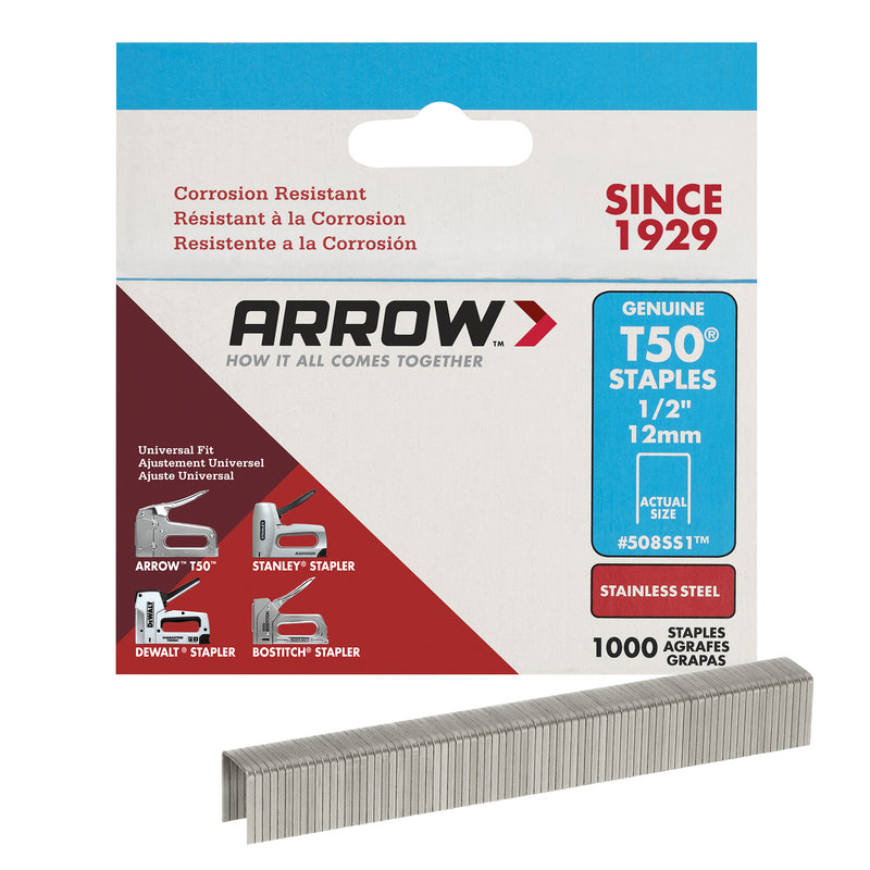 Arrow Fastener 508SS1 Heavy Duty T50 1/2-Inch Stainless Steel Staples for Upholstery, Construction, Furniture, Crafts, 1000-Pack