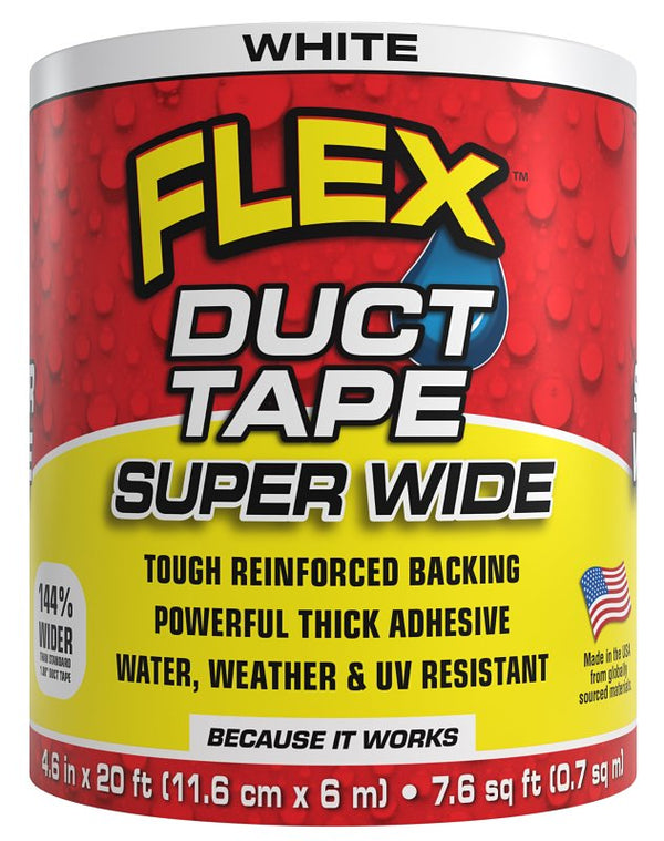 Flex Duct Tape, Super Wide, 4.6 Inches x 20 Feet, White, Heavy Duty Strong, Multi-Surface, Water, Weather and UV Resistant, Tearable, Perfect for Boxes, No Residue DTWHTR4620