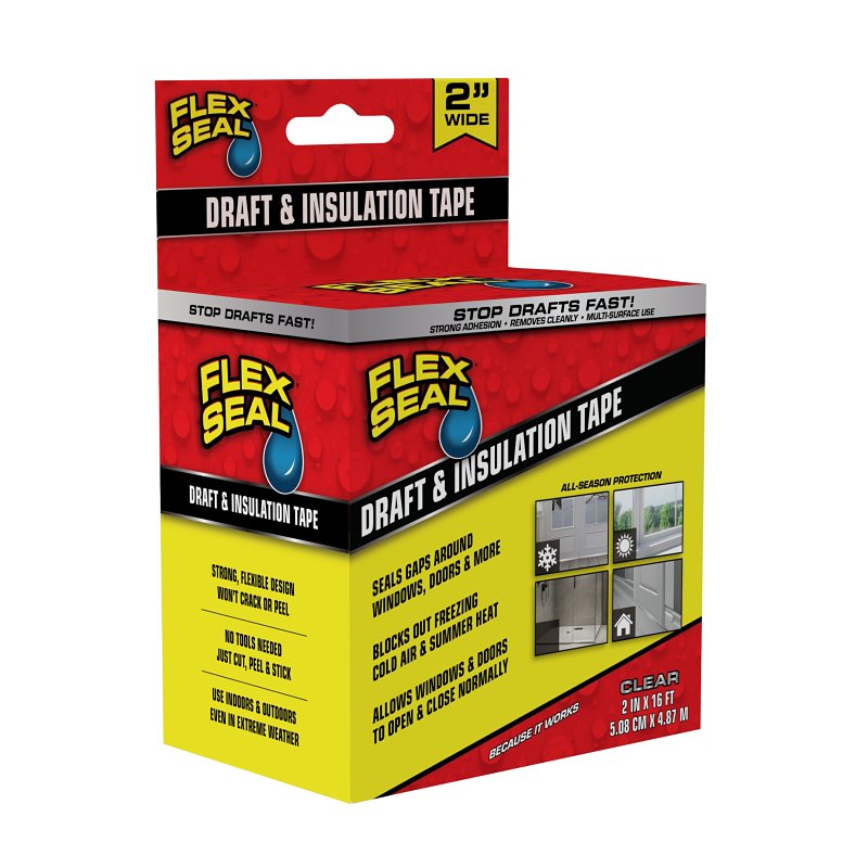 Flex Seal Draft and Insulation Sealing Tape, Flexible, Rubberized, Weatherproof Strip for Windows, Doors, Vents, Works on Wood, Glass, Tile, Metal, Plastic, Fiberglass, Clear, 2 in x 16 ft, Pack of 1