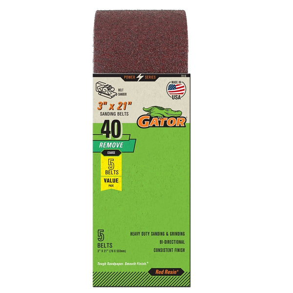 Gator 3" x 21" Red Resin Aluminum Oxide Sanding Belts, 40 Grit, 5 Pack 7019
