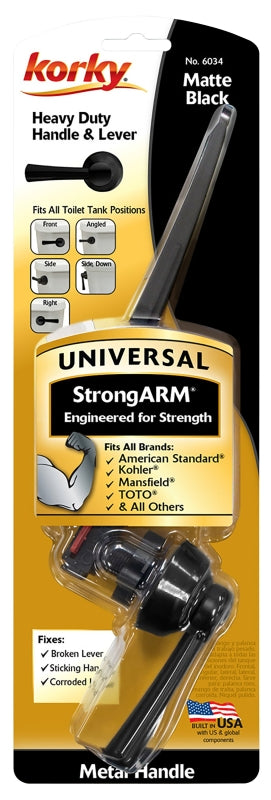 Korky Strongarm Metal Toilet Handle and Lever - Universal to Fit Front, Angled, Side, Left, and Right Mount Toilets - Matte Black, Simple Style, 6034BP